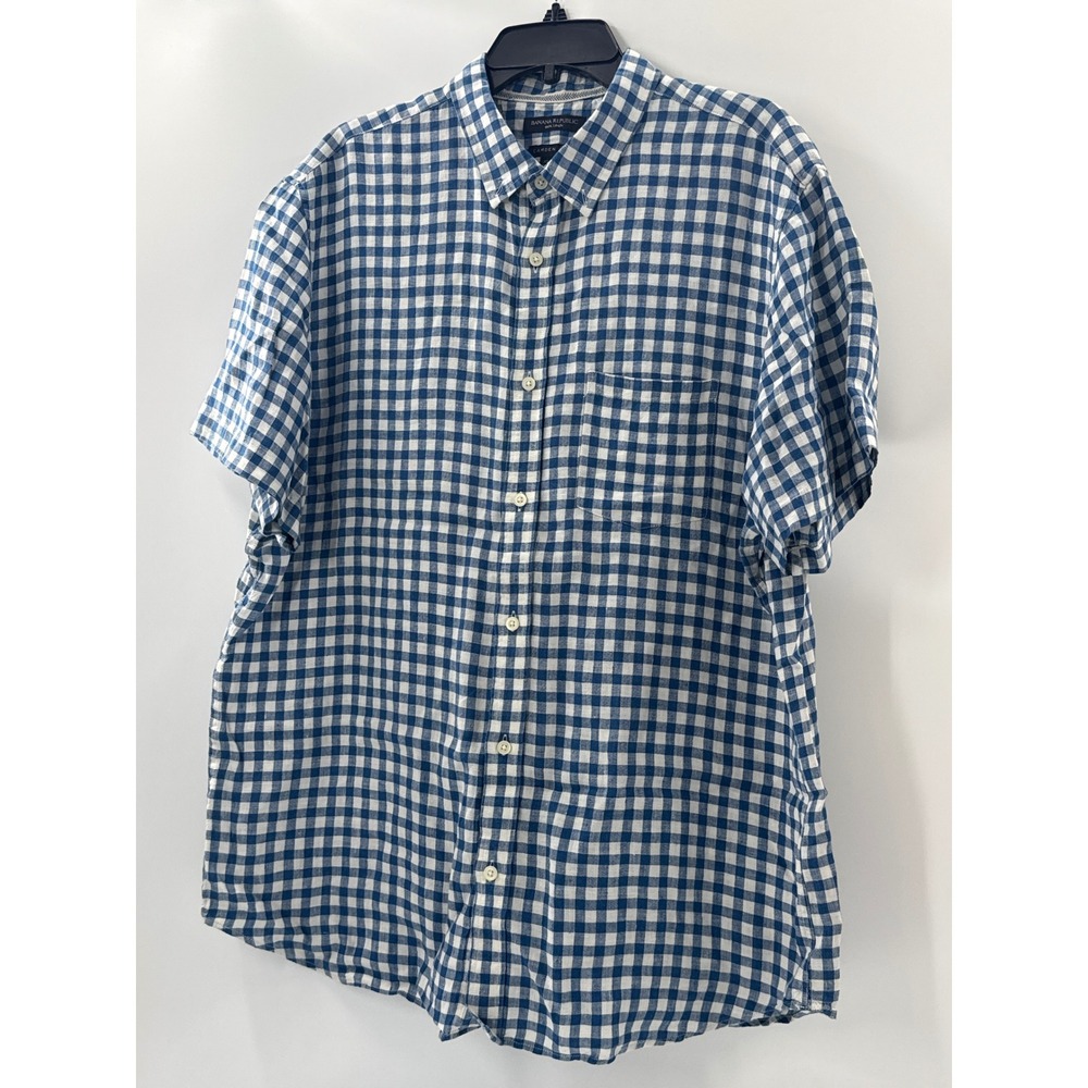 Banana Republic Mens XL Camden Fit 100% Linen Gingham Short Sleeve Shirt Blue